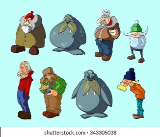 A set of vector illustration of polar/arctic characters in winter weather clothing, plus 2 walruses. 