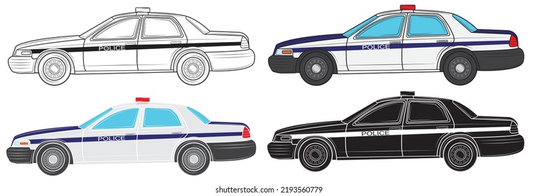 Set of Vector illustration of a police car on a white background.Profile view.