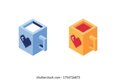 Set vector illustration in poly low style. Isometric cup with a drink. Juice, red tea, milk. Pixel art. Heart. Blue and Yellow. 8 bit. Eps 10 