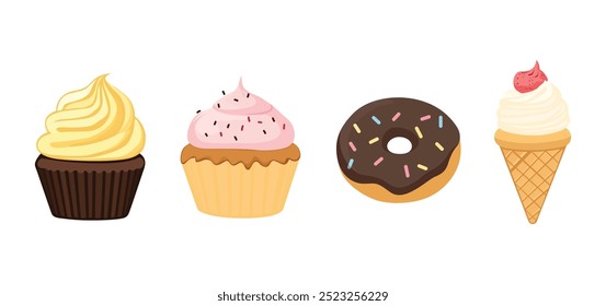 Set of vector illustration of popular desserts on white background