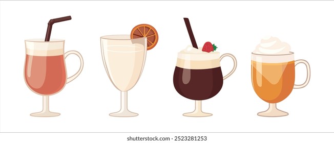 Set of vector illustration of popular winter drinks on white background
