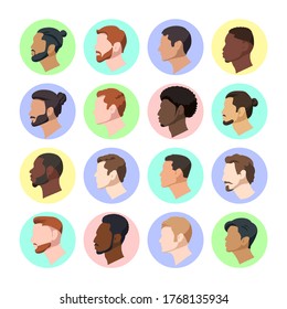Poner retratos de ilustraciones vectoriales de hombres en perfil de varias nacionalidades. Hombre cabeza a europeo y asiático y también afroamericano en estilo de caricatura sobre fondo de color.