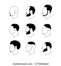 Set vector illustration portraits of men in profile of negroid race. Male heads in linear style on a white background.