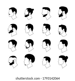 Set vector illustration portraits of men in profile of various nationality. Male heads european and asian and also afro-american in linear style on a white background.