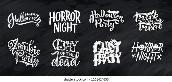 set of vector illustration, postcard for Happy Halloween. Modern and stylish hand drawn lettering. Quotes. Horror. Boo. Text banner on background for Halloween Party Night.