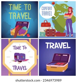 Set of vector illustration, posters for Time to travel concept. Woman packing luggage against the backdrop of a map of the earth with a destination point, closed suitcase, open luggage with clothes