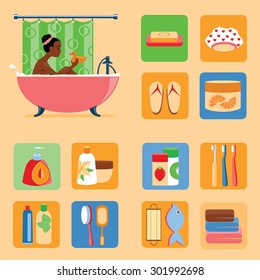 Set of vector illustration with pretty Brazilian girl  taking a bath and accessories for the bathroom