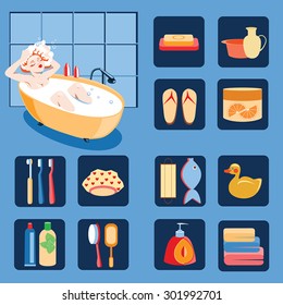 Set of vector illustration with pretty girl  taking a bath and accessories for the bathroom