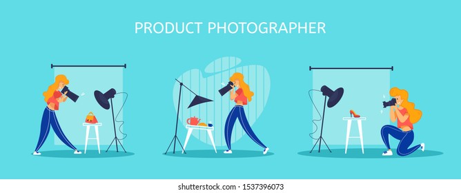 Set of vector illustration with professional advertising photographer at work in studio.