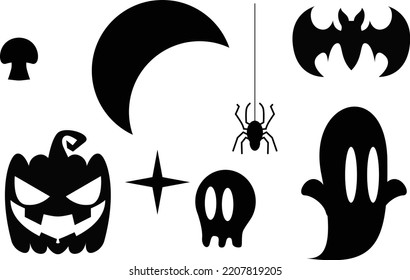 
set of vector illustration of pumpkin silhouettes, stars, moon, bats, spiders, ghosts, skulls for halloween design, in white background