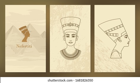 Un conjunto de ilustraciones vectoriales del perfil Nefertiti de la reina de Egipto aislado en un fondo de las pirámides egipcias.