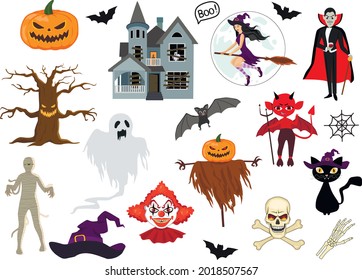 Set vector illustration of quirky fun Halloween trick or treat design elements, such as bats, pumpkins, cats, and more. Perfect for invitations, children's design, and packaging.