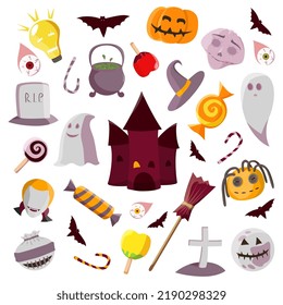 Set Vector Illustration Of Quirky Fun Retro Halloween Trick Or Treat Design Elements, Such As Candy, Pumpkins, Cats, And More. For Invitations, Children's Design And Packaging.