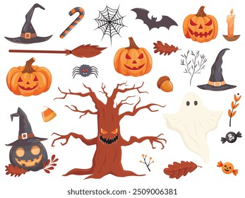 Set vector illustration of quirky fun Halloween trick or treat design elements, such as bats, pumpkins, and more.