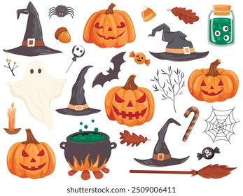 Establece una Ilustración vectorial de divertidos trucos de Halloween o Elementos de diseño de regalos, como murciélagos, calabazas y más.