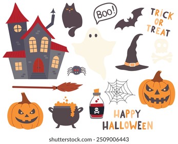 Establece una Ilustración vectorial de divertidos trucos de Halloween o Elementos de diseño de regalos, como murciélagos, calabazas y más.