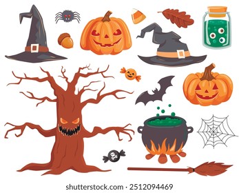 Set vector illustration of quirky fun Halloween trick or treat design elements, such as bats, pumpkins, and more.