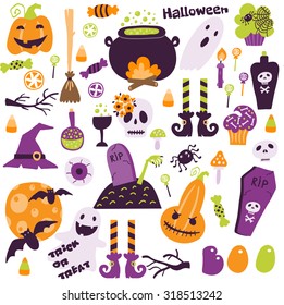 Set vector illustration of quirky fun retro Halloween trick or treat design elements, such as candy, pumpkins, cats, and more. Perfect for invitations, children's design and packaging.