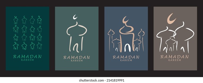 Conjunto de ilustración vectorial Ramadan Kareem con símbolo de mezquita. Plantilla de tarjeta de felicitación islámica con ramadán para diseño de papel pintado, afiche, banner de medios. 