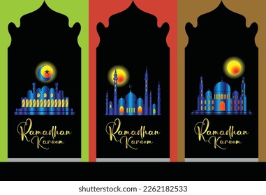 Set of vector illustration. Ramadan Kareem holiday edition mosque vector with black background and Islamic elements as well as logos, calligraphy, elegant and cool 