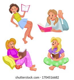
Set vector illustration with reading women in cartoon flat style. stay home. character design.