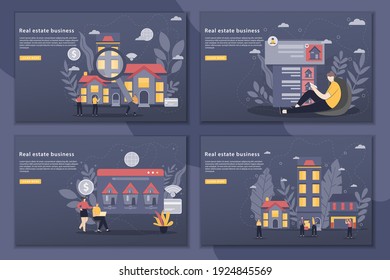 Set of Vector illustration real estate business concept landing page with houses. online search apartment rental market buying. investment with group investors. Flat design style modern