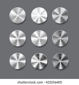 Set of vector illustration with realistic metal button with circular processing on isolated white background. Vector volume knob with metal texture. Steel design background.