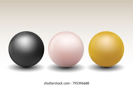 Set vector illustration of realistic pearls of different colors with shadow and reflections isolated on white background
