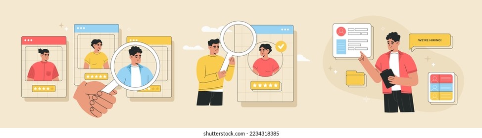Conjunto de la agencia de captación de ilustraciones vectoriales y de caza de cabezas. El equipo de gerentes de Hr selecciona a los candidatos, buscando al mejor trabajador para la vacante de trabajo, analizar CV, reanudar. Dibujado a mano, estilo moderno de dibujos animados planos.