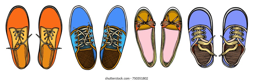 Set of Vector illustration red and blue sports sneakers with white laces isolated on white background, hand drawn, top view