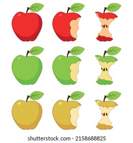 Set vector illustration of red green and yellow whole and bitten apples.