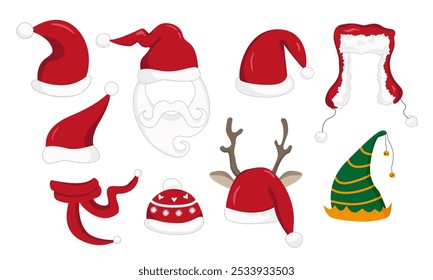 set of vector illustration of red New Year and Christmas Santa Claus hats with scarf, green elf hat and deer hat with earflaps