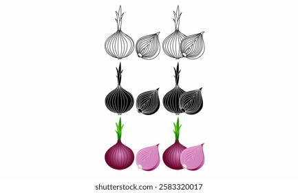 Set Vector illustration of red onions in outline, silhouette, and colored styles. Perfect for food, cooking, agriculture, organic produce, market, and healthy eating designs