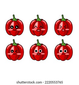 Set Vector illustration of Red paprika with cute expression. Red paprika character. Red paprika mascot. Red paprika collection with emoticon