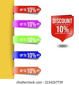 Set vector illustration ribbon of discount and up to 10% off. Perfect for use on banners, design set elements, design assets and digital sales