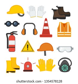 set of vector illustration safety equipment for construction and industrial welding vest glove line caution mask helmet ear flat design