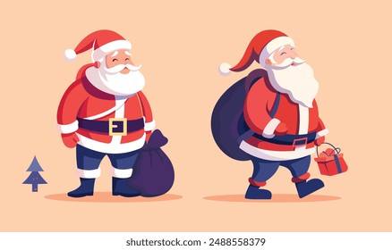 Set of vector illustration of Santa Claus with a sack of gifts