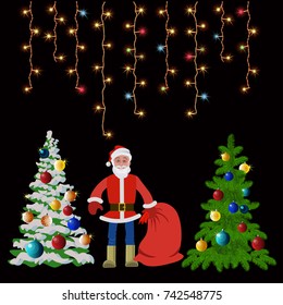 Set of vector illustration with Santa Claus, decorated christmas tree and hanging christmas lights.