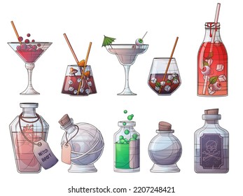 Set of vector illustration of scary cocktails with eyeball, bottles with poison. Illustration for Halloween design, decoration. Halloween props. Witchcraft potion in bottle.