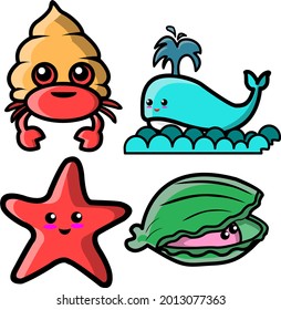set vector illustration sea animal kawaii style cute smile flat design isolated in white background