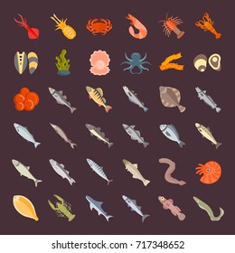Set vector illustration of seafood. Flat elements on white background.