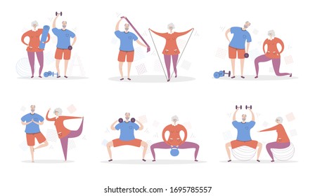Set of vector illustration Senior Fitness. Happy grandfather and grandmother exercising together. Active lifestyle for elderly people couples. Collection of workout for adults scenes in flat style.