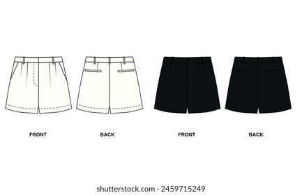 Set of vector illustration of shorts with pinch guards, front and back view. Outline drawing of stylish mini shorts. Bermuda shorts template for women, white and black colors.