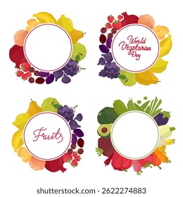 Set. Vector illustration showcasing various colorful vegetables and fruits arranged in a circular pattern, frame. Promotes healthy eating and vegetarian lifestyle. Hand drawn