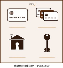Set of a vector Illustration shows a Concept on Business and Finance. Credit cards, Key, House