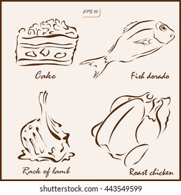 Set of a vector Illustration shows a Food. Cake, Fish dorado, Rack of lamb, Chicken