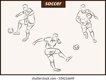 Set of a vector illustration shows a football player kicks the ball. Soccer.