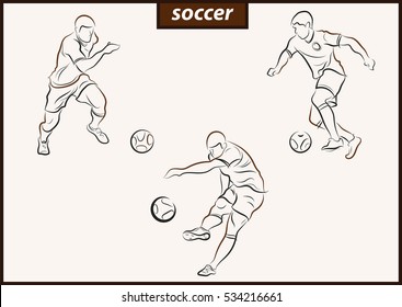 Set of a vector illustration shows a football player kicks the ball. Soccer.