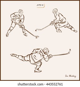 Set of a vector Illustration shows a hockey player in attack. Ice Hockey