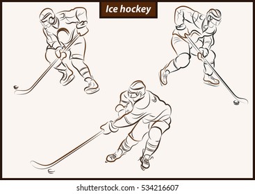 Set of a vector illustration shows a hockey player in attack. Ice Hockey